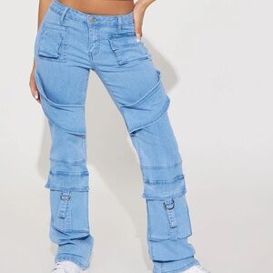 FN Women's High Stretch Blue Cargo Jeans